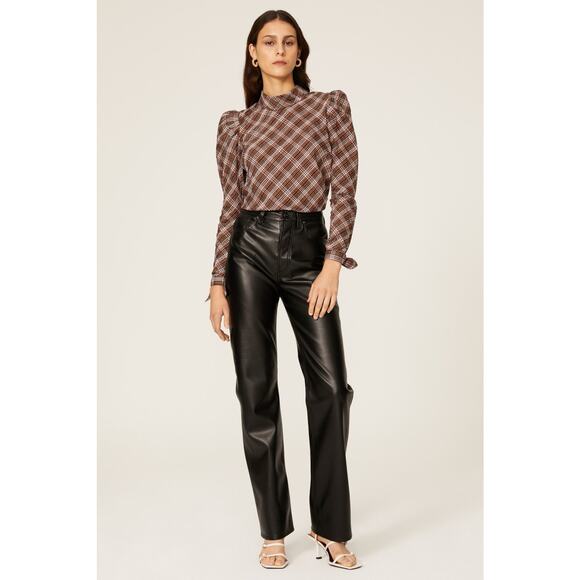 Veronica Beard Isabel Brown Plaid Puff Long Sleeve Mock Neck Top Size 2 - Picture 4 of 15